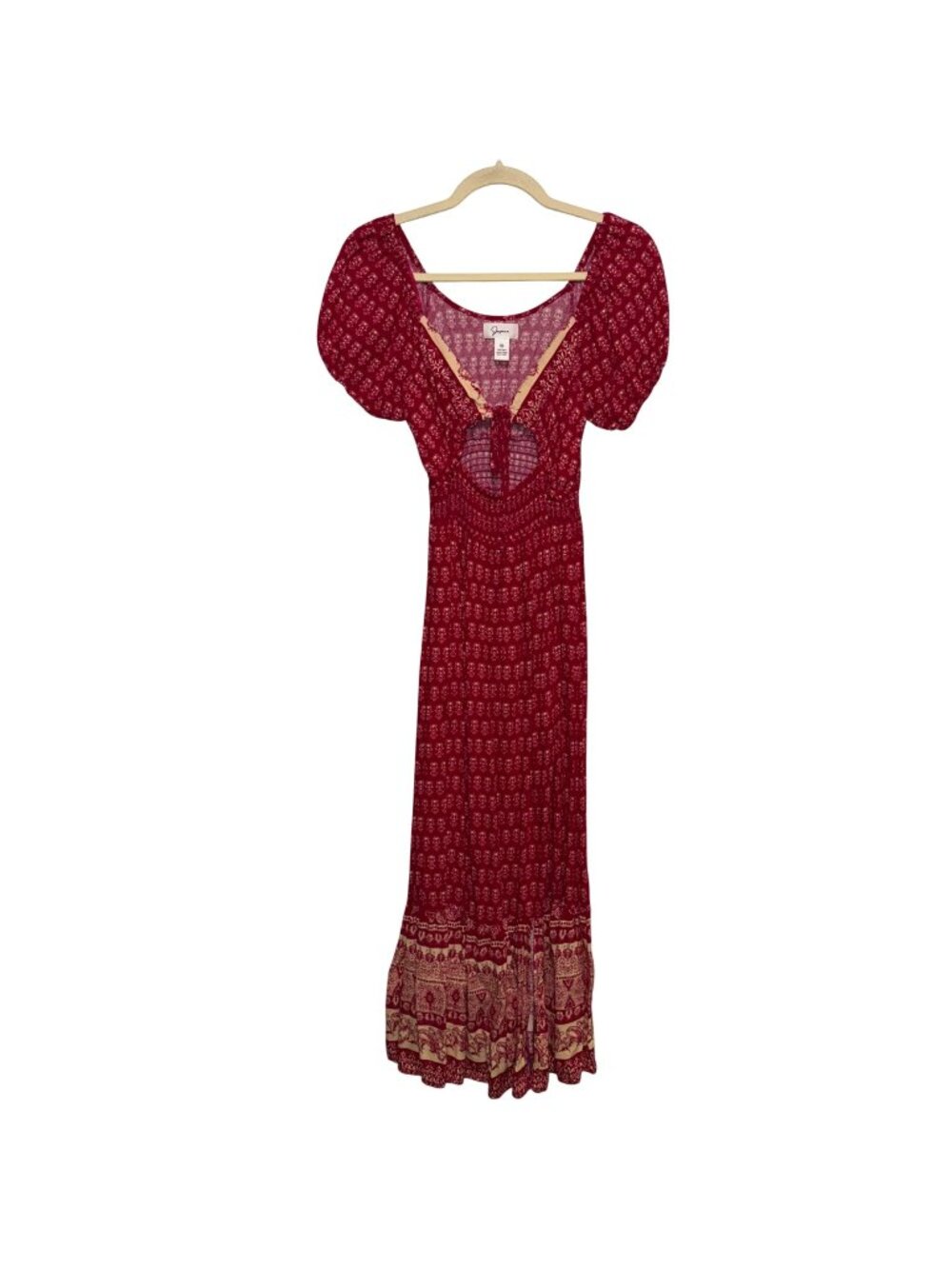 Japna Red Boho Maxi Dress XS Puff Sleeves Smocked Waist Floral Open Front
